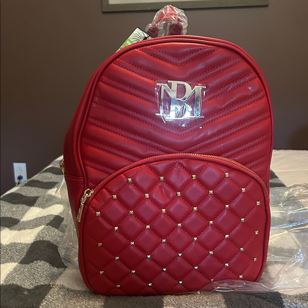 Badgley Mischka Red Quilted Backpack with Gold Details